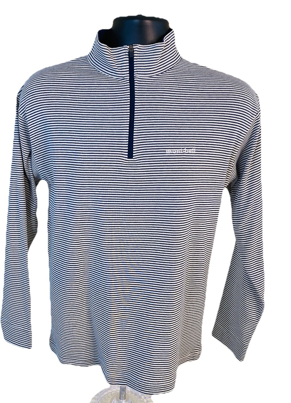Mont-Bell Pullover Mens Medium French Stripes 1/4 Zip Polyester Stretch Golf