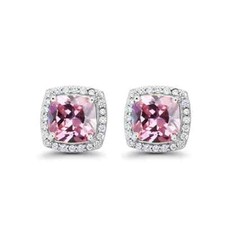14k White Gold Plated 1/2 Ct Created Halo Princess Cut Pink CZ Stud Earrings