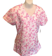 Cassandra O Women's Pink Breast Cancer Awareness Pink Ribbon Scrub Top Size M