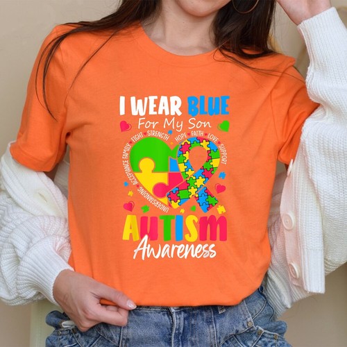 I Wear Blue For my son Autism Awareness men women kids mom T-Shirt - Picture 8 of 23
