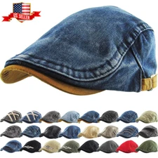 Solid Cotton Gatsby Cap Mens Denim Hat Golf Driving Summer Sun Cabbie Newsboy