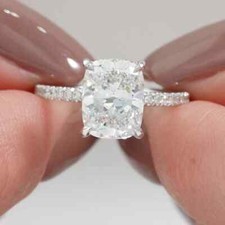 Image of Hidden Halo Elongated Cushion Moissanite Engagement Ring 14k White Gold Plated