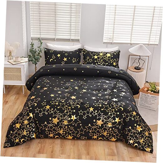 Comforter Set Black Gold Star Metallic Glitter Bedding King Black & Gold