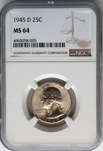 1945-Denver Mint Silver Washington Quarter- NGC MS 64