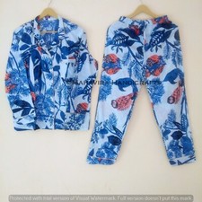 Indian 100 Cotton Owl Print Blue hippie Sleepwear gypsy Women Top  Pajama set