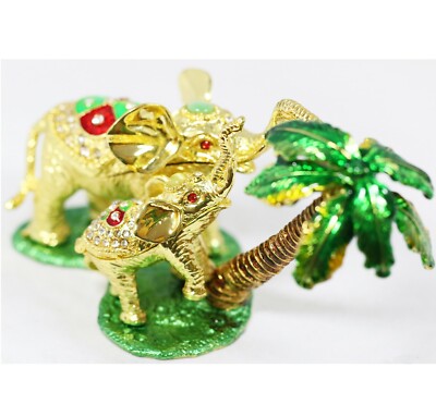 Bejeweled Enameled Trinket Box/Figurine With Rhinestones-Elephants And Palm Tree