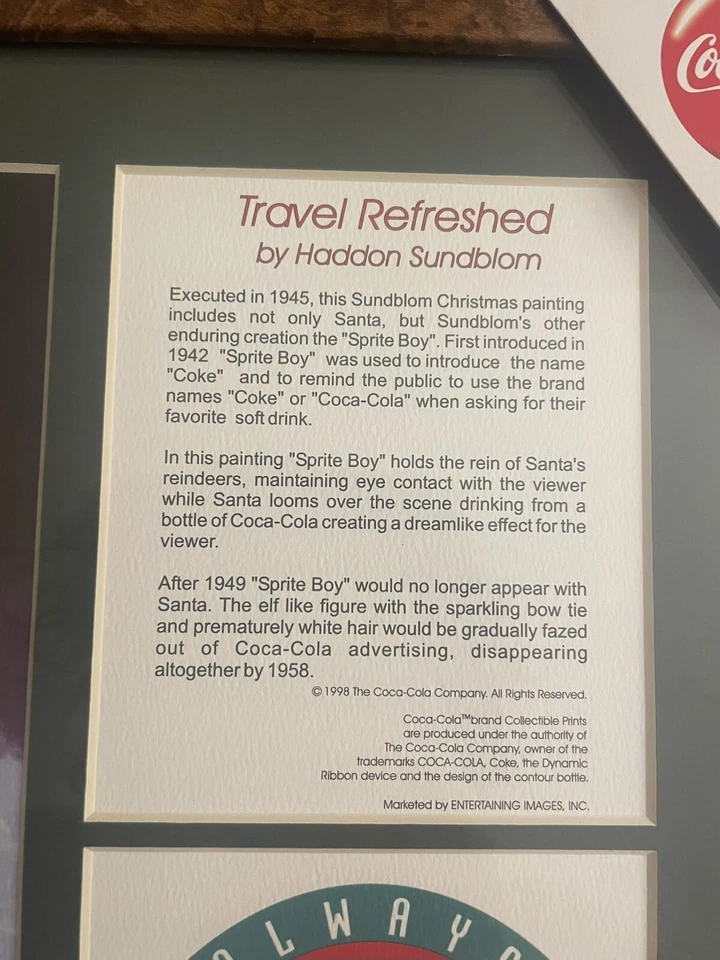 1998 Coca Cola Haddon Sundblom Travel Refreshed Santa & Sprite Boy Framed Print - Image 2 of 4