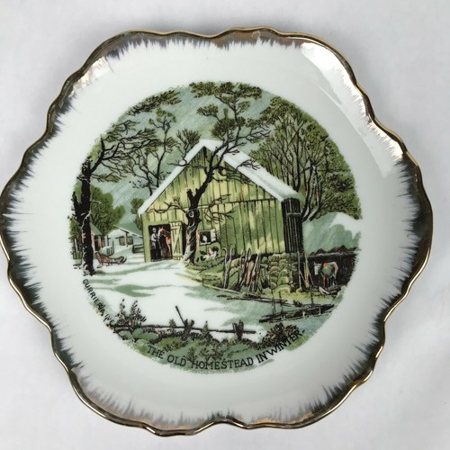 Juego de 3 platos decorativos de invierno vintage Currier & IVES Homestead adorno dorado - Imagen 3 de 10