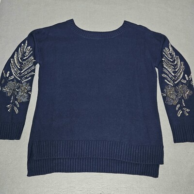 Boston Proper Knit Sweater Size S Crew Neck Sequined Beaded Sleeve Navy Blue