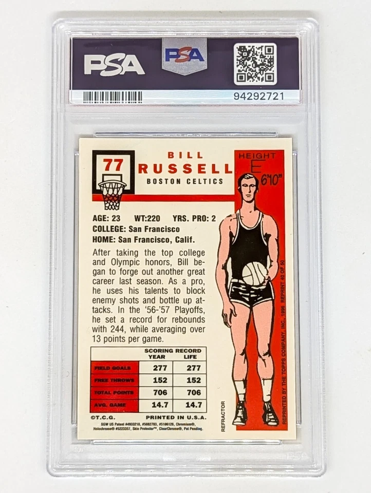 1996-97 Topps 最佳翻印折射器 带涂层 #40 Bill Russell PSA 8 — 第 2/2 张图片