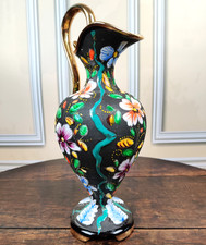 H. Bequet Quaregnon Belgique Céramique Vase À Poignée Noir Motif Floral 38cm