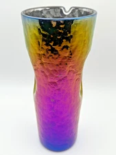 VTG Iridescent Glass Pitcher Oil Slick Rainbow Hammered Art Glass 9 ¼" MCM