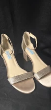Betsey Johnson Sandel Miri Block Heel Gold Glittery Ankle Strap  Size 7 Blue Bot