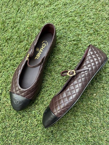 CHANEL CC LOGO BURGUNDY BROWN LEATHER MARYJANE BALLET FLATS SHOES CAP TOE 38.5
