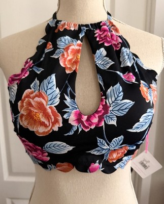 Vanilla Beach Bikini Halter Top Women's D/DD Black Floral Scalloped NWT