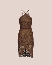 Adrianna Papell Foil Lace Halter Dress w/ Sheer Tulip Skirt in bronze Sz 20 NEW