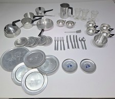 Vintage Aluminum Childs Kitchen Cups Utensils Pans Coffee Tea Plate Set Lot