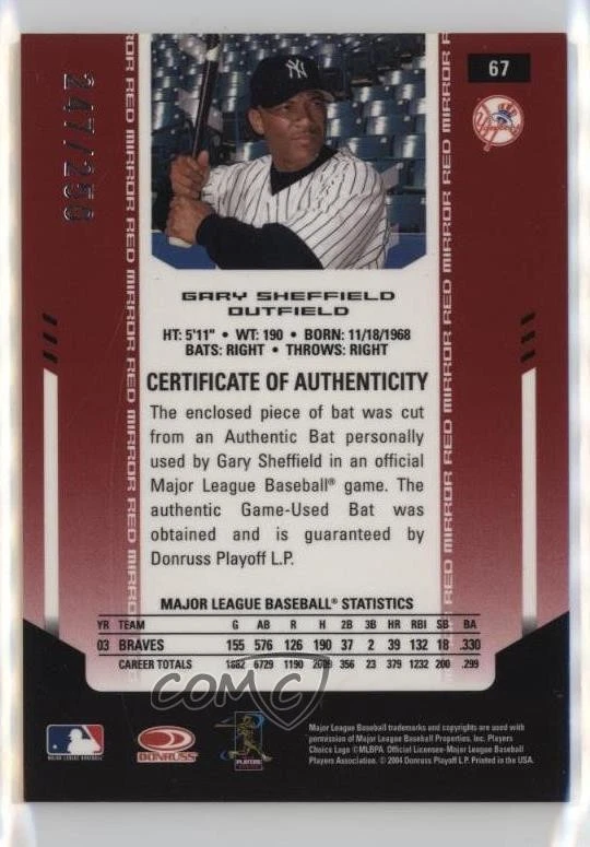 2004 Leaf Certified Materials Red Mirror Bat /250 Gary Sheffield #67 - Image 2 of 2