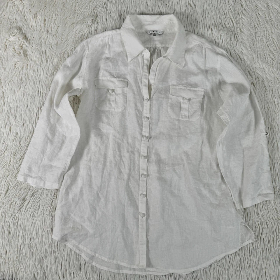 Blusa para mujer Cabi blanca 100 % lino cuello punta manga lengüeta talla grande Foto 3 de 4