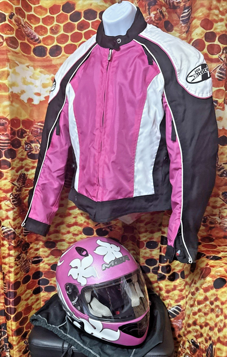 M2R Women S tropical flower motorcycle helmet and Joe rocket pink lined jacket