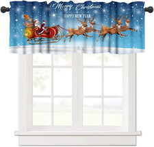 Christmas Valances Curtain for Kitchen Cafe, Santa Claus Flying Sleigh Reindeer