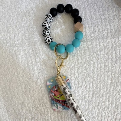 SpongeBob  Print Beaded Key Chain Bracelet Black Turquoise silicone Wood clip