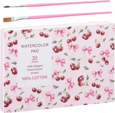 30 Sheets Watercolor Paper Pad with 2 Pcs Watercolor Brush, 140 Lb/300 GSM Water