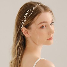Bridal Gold Vine Headband Wedding Elegant Pearl Rhinestone Headpiece Hair Acc...