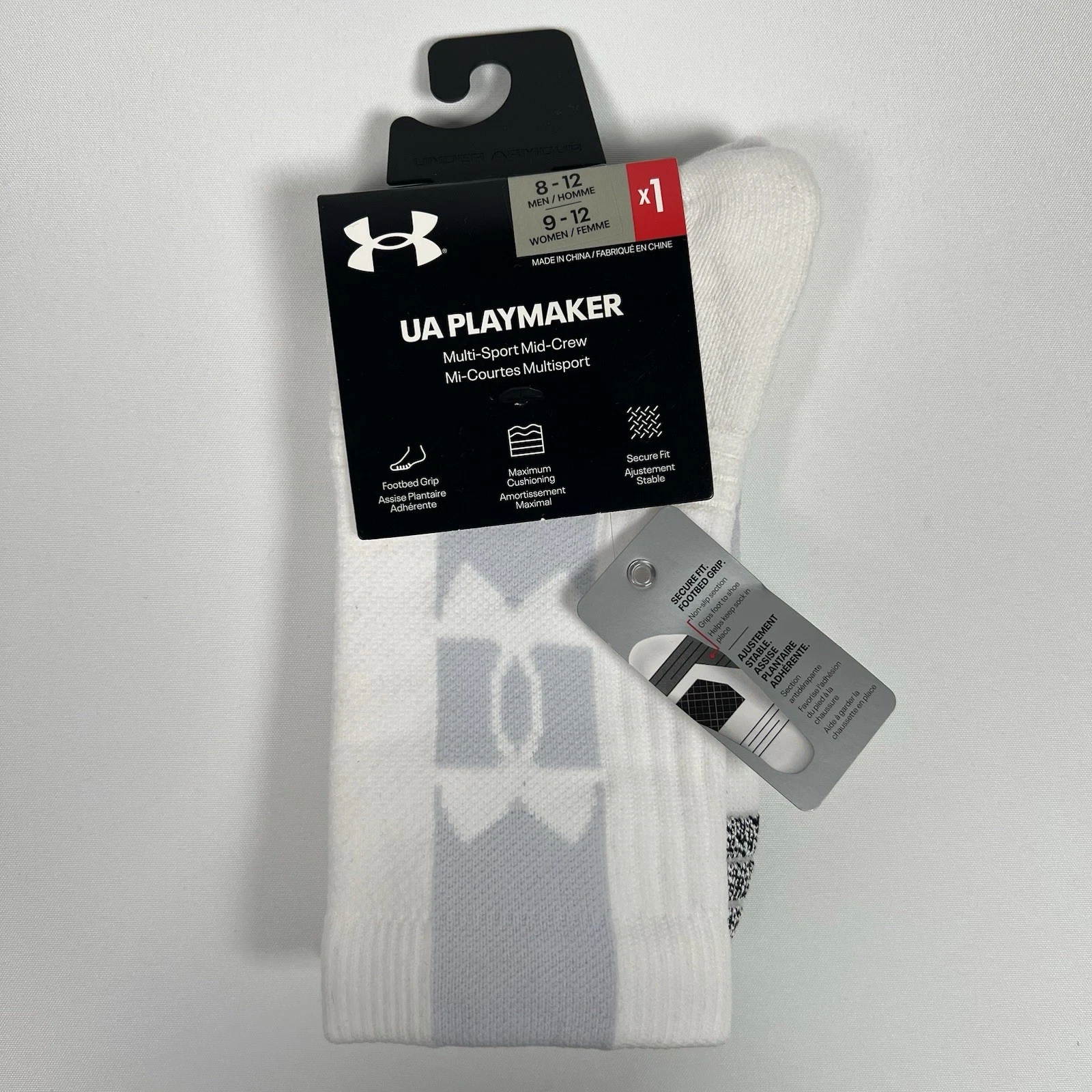 Under Armour UA Playmaker Performance Crew Socks Men’s Size 8-12 White Cushioned