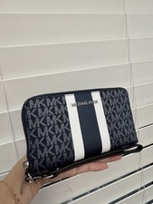 Michael Kors Jet Set Large Metallic MK Logo Stripe Smartphone Flat Wallet Navy