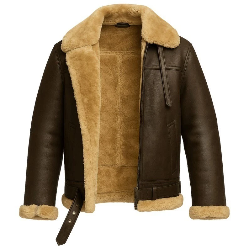 Men's RAF B3 Dark Brown Flight Bomber Fur Shearling Genuine Sheep Leather Jacket