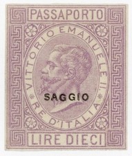 (I.B) Italia Entrate: Passaporto 10L (1868) prova