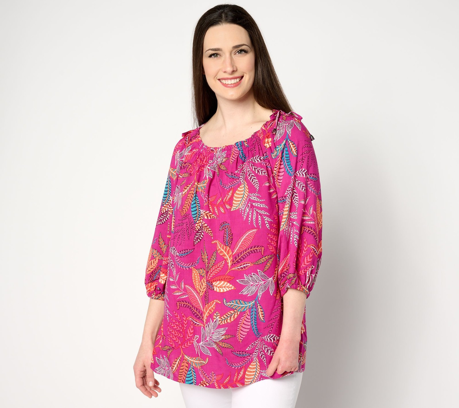 Susan Graver Women's Top Plus Sz 1X PURE Rayon Woven -Sleeve Peasant Pink