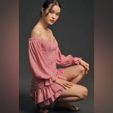 Maeve Red and White Ruffled Off-Shoulder Dress Anthropologie US 4