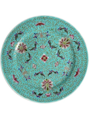 Vintage Chinese Turquoise Porcelain Plate Famille Rose Floral & Bat Design Hand 