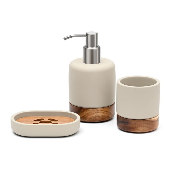 Badezimmer Set Holz Seifenspender ZahnbüRstenhalter Seifenschale Modern 3-Teilig-image