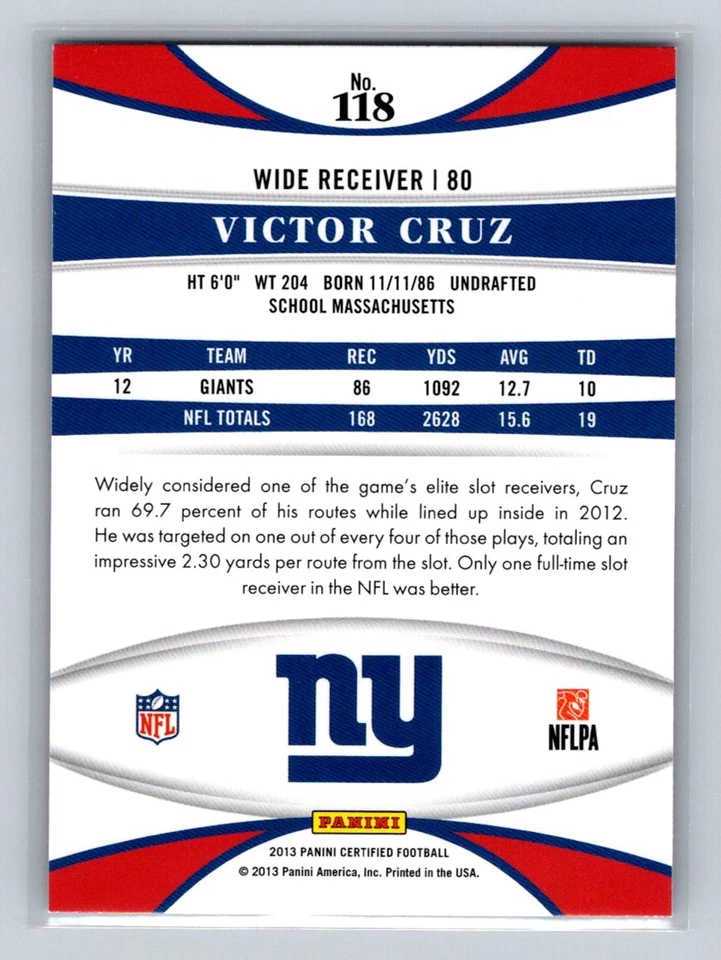 2013 Panini Certified #118 Victor Cruz New York Giants - Image 2 of 2