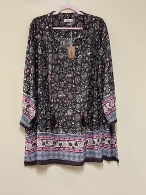 Natural Life Dress Womens XL Floral Dara Tunic Mini Boho Peasant Tassel Resort
