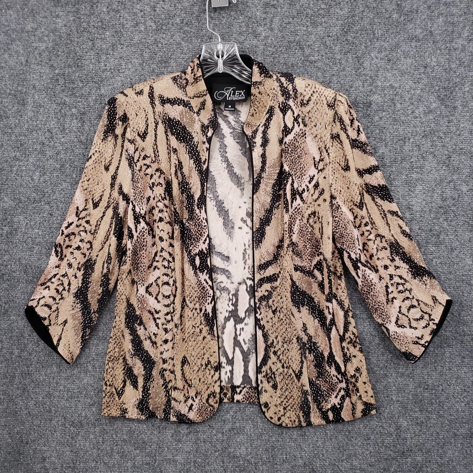 Alex Evenings Blazer Womens M Medium Brown Animal Print Open Front Embellished - Image 3 of 4