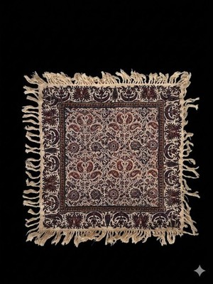 New Vintage Persian Ghalamkar Block Print Textile Paisley Table Mat Fringe 43cm