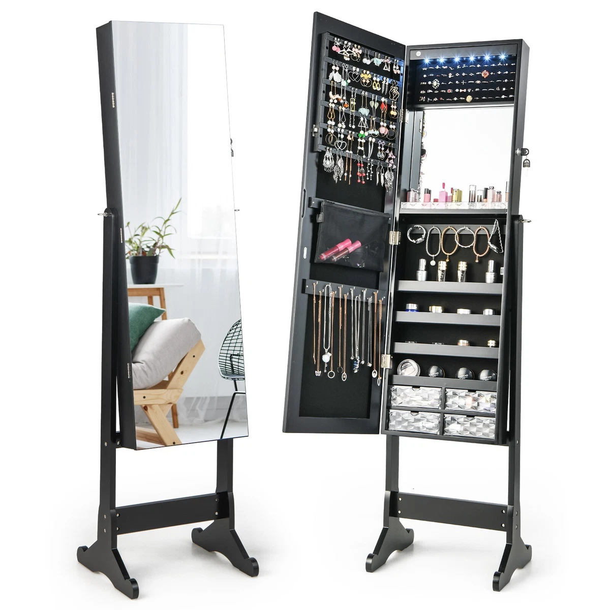 LED Lights Jewellery Cabinet Free Standing Lockable Jewelry