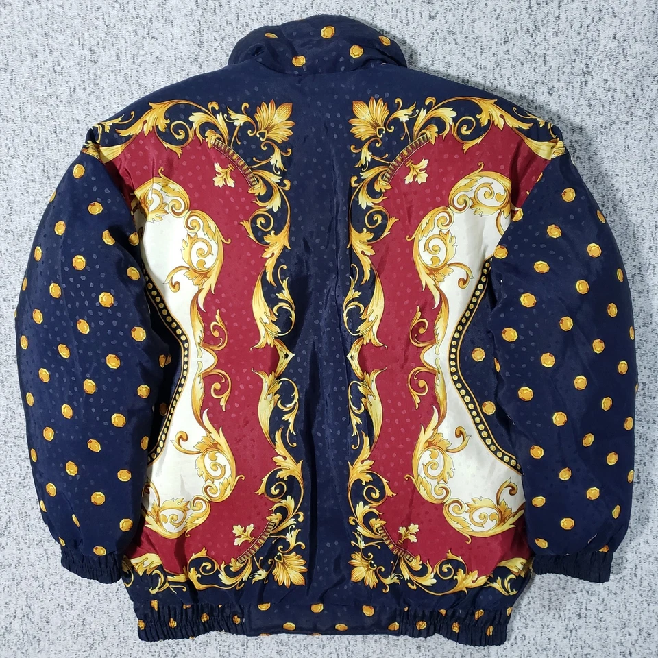 Vtg J. Gallery Jacket Womens S Baroque Polka Dot Blue Red Gold Down Bomber Talon - Image 2 of 4