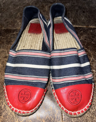 Tory Burch Red Blue White Stripe Cap Toe Colorblock Leather