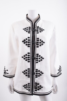 Linea Louis Dell'Olio Womens Linen Suit Jacket Beaded L White Black 3/4 Sleeve