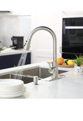 FORIOUS Robinet De Cuisine Avec Pulvérisateur Tirant Nickel Brossé, Arc Haut Sim