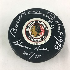 Bobby Hull Glenn Hall HOF Signed Autographed Chicago Blackhawks Hockey Puck COA