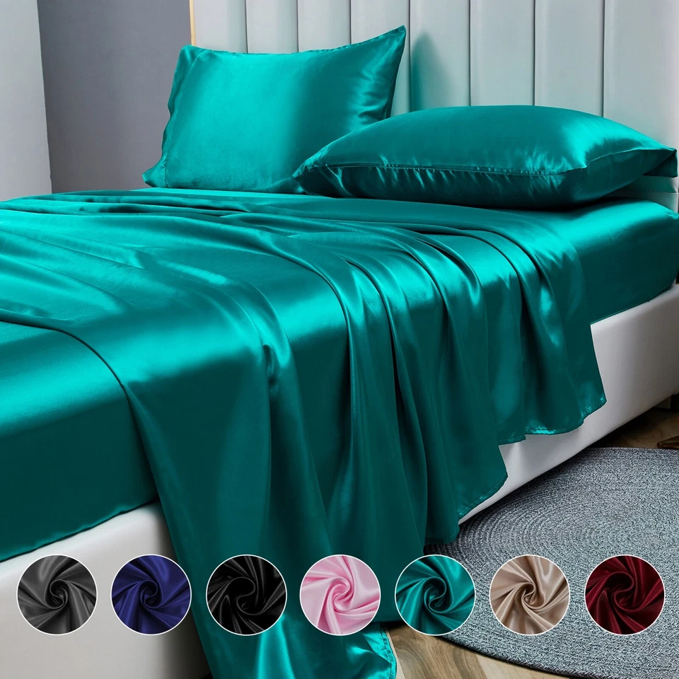4PC Bed Sheet Set Luxury Satin Silk Sheet Set Ultra Soft Wrinkle Free Collection - Image 2 of 4