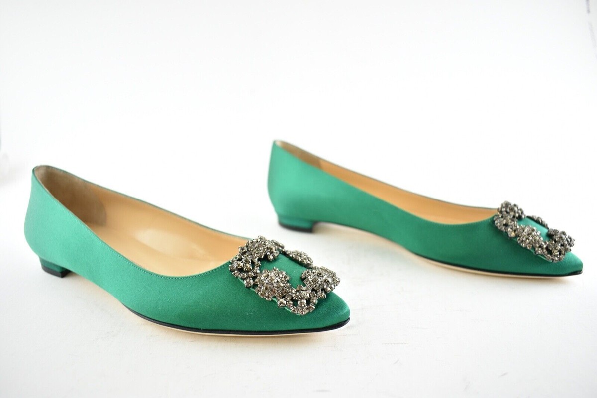 Manolo Blahnik Hangisi Emerald Green Satin Jewel Buckle Ballerina