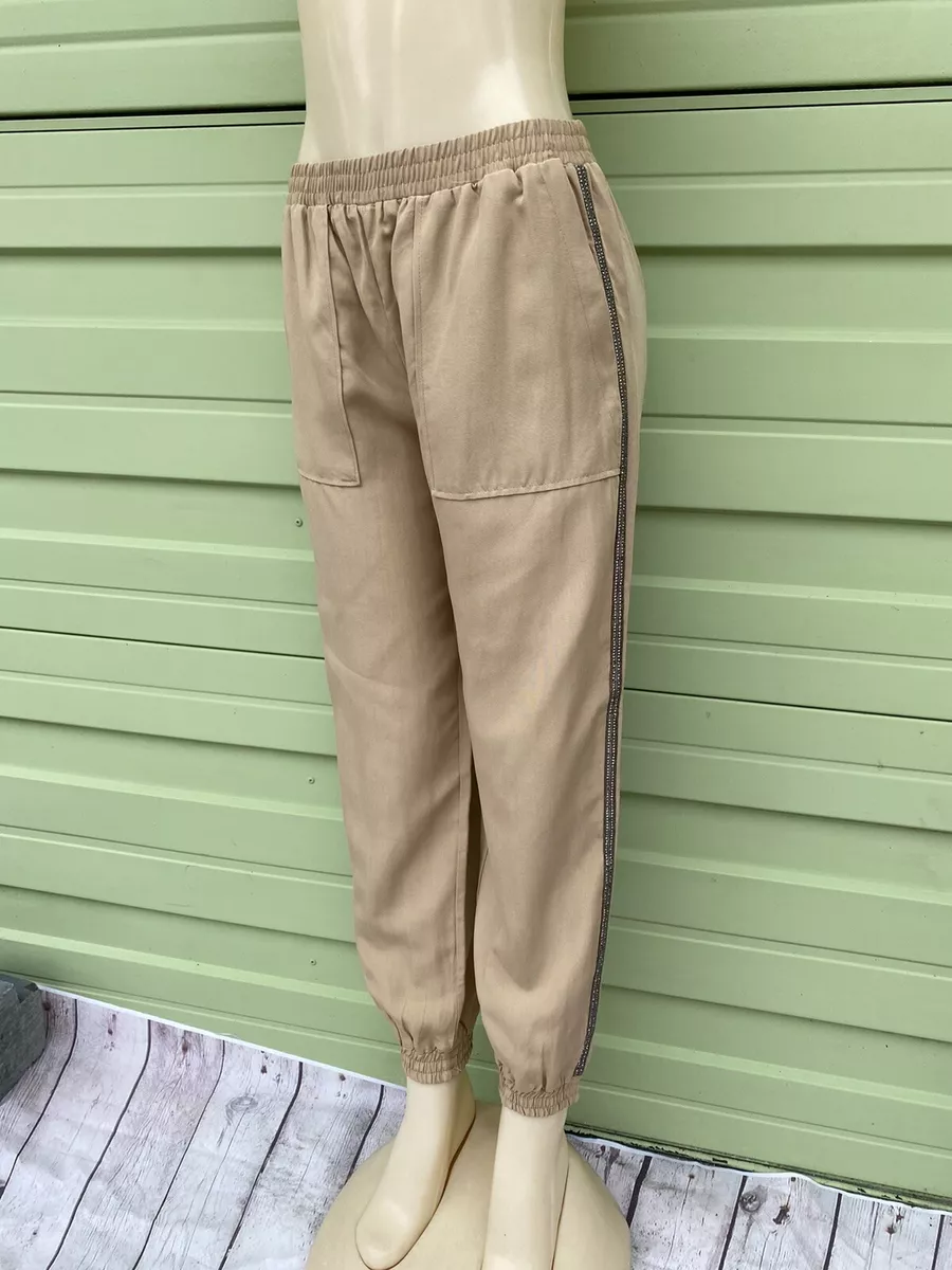 NEW ZARA BEIGE JOGGERS WITH RHINESTONE SIDE TAPING pants elastic waist M  5550