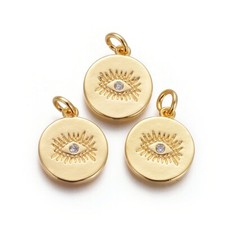 10x Golden Brass Flat Round With Evil Eye Pendants With Jump Rings 15x13x1.5mm